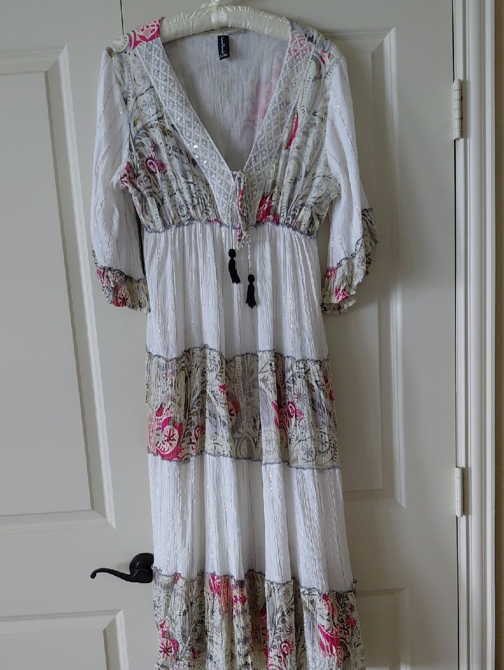 NWOT Sacred Threads White Maxi Dress with Pink Floral Trim